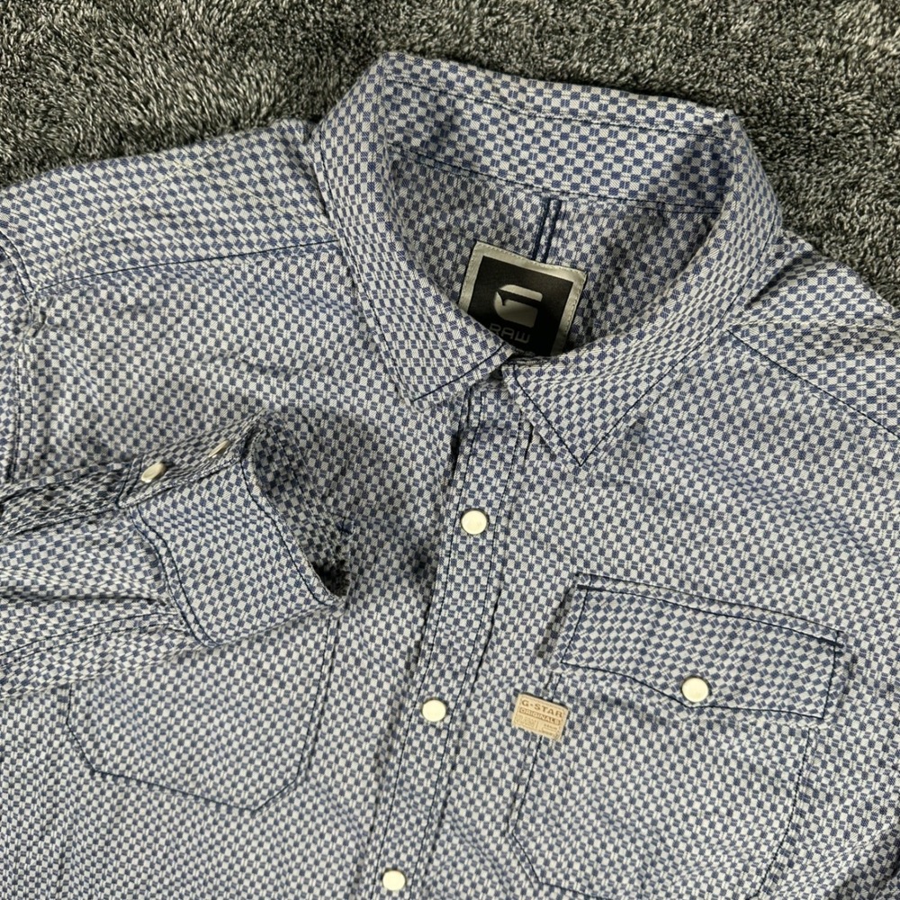 G-Star Raw Shirt Mens XL Landoh Blue White Micro Check Snap Pocket Button Down